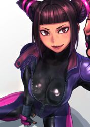 1girls black_toenails bodysuit cleavage juri_han kilye_4421 latex lips looking_at_viewer medium_breasts shiny solo squatting street_fighter street_fighter_v white_background