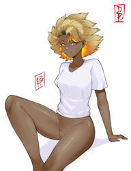 1girls bottomless censored censored_pussy damodar dark_skin league_of_legends mosaic_censoring rell_(league_of_legends) short_hair sitting solo white_background white_shirt