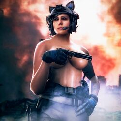 1girls black_hair breasts call_of_duty cat_ears flickytuts gloves gun half-dressed helmet looking_away mara_(cod) military solo_female tattoo topless