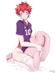 blush bottomless gay gomi-cake gomi-draws gym_uniform haikyuu!! half_naked orange_hair riding riding_toy shoyo_hinata stockings teddy_bear volleyball_uniform yaoi