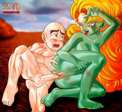 1boy 1girls alien alien_girl bald beat_up bruised darkmatter dragon_ball dragon_ball_z green_skin krillin kuririn long_hair nude penetration pointy_ears race_of_hera spooning zangya