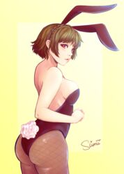 alternate_costume ass atlus big_ass bunny_ears bunnysuit female lipstick makoto_niijima persona persona_5 red_eyes sideboob simple_background slimii solo yellow_background