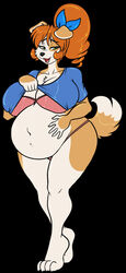 1girls 4_toes 5_fingers animal_ears anthro belly belly_button big_belly big_breasts black_background blank_background bra breasts canine dog_ears female female_only full_body furry green_eyes hair_up hand_on_belly kibbles kibbles_(uberquest) mouth_open multicolored_fur no_humans no_visible_genitalia no_visible_nipples one_foot_raised orange_hair panties partially_closed_eyes pink_bra pink_panties pregnant presenting_belly ready_to_pop revealing_breasts simple_background skidd solo solo_female solo_focus standing tail thighs uberquest