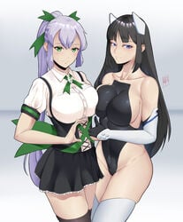 2girls black_hair blue_eyes clothed console-tan curvy damodar green_eyes humanized large_breasts long_hair looking_at_viewer playstation playstation_5 ponytail pose ps5-tan thumbs_up xbox xbox_series_x xbox_series_x-tan