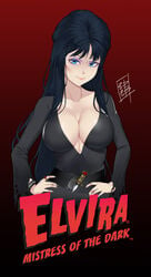 1girls actress belt black_dress black_hair blue_eyes cassandra_peterson celebrity cleavage damodar elvira elvira:_mistress_of_the_dark female female_only gradient_background hands_on_hips large_breasts long_hair long_sleeves looking_at_viewer poster real_person solo