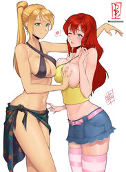 2girls bikini blonde_hair blue_eyes blush breast_grab breast_press breast_size_difference cleavage criss-cross_halter damodar gardnerverse green_eyes halter_top jean_skirt marty_gardner multiple_girls nipples one_breast_out one_eye_closed ponytail red_hair smile standing terry_girard thighhighs white_background yuri