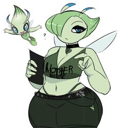 1girls 4_fingers ? antennae anthro anthrofied artist_request ass bare_shoulders belly belly_button belt big_ass big_breasts blue_eyes bottom_heavy breasts bug celebi clothed clothes clothing collar curvy curvy_body curvy_female english_text eyebrows eyelashes eyeshadow female female_only fully_clothed green_body green_hair green_skin hair_over_one_eye half-closed_eye heart hips holding holding_object huge_ass humanoid jeans large_ass large_breasts looking_at_viewer midriff mother_nature pokemon pokemon_(species) pokemon_gsc round_ass round_asses round_butt short_hair simple_background solo solo_female text thick thick_ass thick_thighs thighs topwear underwear voluptuous white_background wide_hips wings