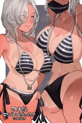 bikini cleavage curvy large_breasts makingtawawa mask striped_bikini tanline white_hair