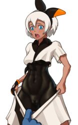 1girls bea_(pokemon) blue_eyes bodysuit cameltoe captain_katawa navel open_mouth png pokemon pokemon_ss pulling short_hair skin_tight transparent_background white_hair