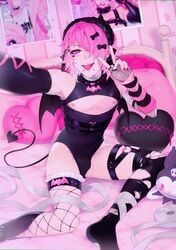 1boy 2020 armpits belly bulge cleavage_cutout femboy fishnet fishnets girly hair_over_one_eye high_resolution horns kuromi leotard maid maid_headdress male_chest mazamuno mongrel_(mazamuno) navel nipples onegai_my_melody piercing pillow pink_eyes pink_hair pose sanrio selfie sitting solo tail thighs tongue_out torn_clothes v