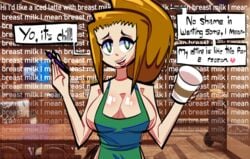 1girls apron big_breasts brown_hair clothing comforting diner_dash eye_contact flo_(diner_dash) green_eyes gushlime hazel_eyes iced_latte_with_breast_milk meme starbucks