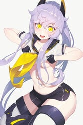 absurdres azur_lane bangs black_gloves black_shorts breasts ce-_-3 clothes_lift female gloves hair_between_eyes head_tilt high_ponytail highres long_hair looking_at_viewer medium_breasts open_mouth pepper0 purple_hair shirt shirt_lift short_sleeves shorts sidelocks siren_(azur_lane) siren_purifier_(azur_lane) smile solo thick_thighs thighhighs thighs underboob very_long_hair wet_clothes white_shirt wide-eyed wide_hips yellow_eyes