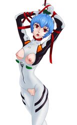 1girls arms_up blue_hair bodysuit breasts breasts_out captain_katawa clothing cutout female female_only human neon_genesis_evangelion open_mouth pale-skinned_female pale_skin pilot_suit plugsuit pussy red_eyes rei_ayanami short_hair small_breasts standing tight_clothing white_background