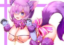 :d animal_ears ass blue_gloves blush breasts claw_pose claws cosplay covered_nipples cowboy_shot craft_essence_(fate) elbow_gloves eyes_visible_through_hair fangs fate/grand_order fate_(series) female fur-trimmed_gloves fur_collar fur_trim gloves hair_over_one_eye halloween halloween_costume inverted_nipples lace-trimmed_legwear lace_trim large_breasts looking_at_viewer mash_kyrielight mash_kyrielight_(dangerous_beast) nipples o-ring o-ring_top open_mouth paw_pose purple_eyes purple_gloves purple_hair purple_legwear revealing_clothes short_hair smile solo tail thighhighs wildcat_(kusonemi) wolf_ears wolf_girl wolf_tail