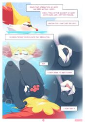 2021 absurd_res animal_genitalia animal_penis anthro becoming_erect black_body black_fur blush bodily_fluids braixen closed_eyes comic dialogue ellie_the_braixen english_text eyelashes fur genitals hi_res holding_sheath hot_tub inner_ear_fluff knot male male_only markings masturbation multicolored_body multicolored_fur multicolored_tail nikkibunn nintendo open_mouth pawpads penis pokémon_(species) pokemon pokemon_(species) red_eyes sheath solo sweat sweatdrop tail_markings text tuft video_games yellow_body yellow_fur