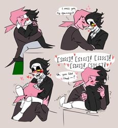 <3 2boys addison addison_(deltarune) ambiguous_penetration black_hair blush bottomless clothed dane.elle deltarune dialogue english_text formal formal_wear gay glasses hand_on_back handjob holding hug kissing legs_on_shoulders male male/male moaning_in_pleasure mostly_clothed no_visible_genitalia non-human oral pink_addison_(deltarune) pointy_nose romantic simple_background size_difference spamton_g_spamton sweat tuxedo twitching white_body yaoi