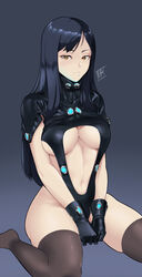 1girls big_breasts black_gloves black_hair black_legwear black_thighhighs brown_eyes cleavage damodar female female_only gantz gantz_suit gloves latex latex_gloves latex_suit long_hair medium_breasts rubber_suit shimohira_reika simple_background sitting solo thighhighs underboob wariza zettai_ryouiki