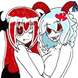 breasts drawn koakuma ludwin naked pressing_breasts_together sharp_teeth spiral_eyes tongue tongue_out touhou yuuma_toutetsu