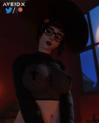 1girls 3d ave3dx breasts eyewear glasses goth halloween halloween_costume mei_(overwatch) overwatch witch_hat