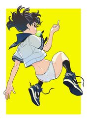 1girls blowing_bubblegum bubble_gum from_behind midair middle_finger panties school_uniform short_hair sneakers solo tarou2 untied_shoes white_panties yellow_background