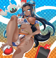 1girls :q armlet barefoot belly_chain black_hair blue_eyes blue_hair breasts bun_cover checkered checkered_background clothes_pull covered_nipples dark-skinned_female dark_nipples dark_skin earclip earrings female gloves hair_bun heart heart-shaped_pupils highres hoop_earrings human jewelry knee_up licking_lips long_hair looking_at_viewer lying multicolored_hair navel nessa_(pokemon) nipples nori_(akusei_shinseibutsu) on_back one_breast_out partially_fingerless_gloves poke_ball poke_ball_(basic) pokemon pokemon_(game) pokemon_(species) pokemon_ss pulled_by_self pussy pussy_juice rotom see-through single_glove solo_focus stomach swimsuit symbol-shaped_pupils tankini toenails toes tongue tongue_out two-tone_hair unaligned_breasts very_long_hair wet wet_clothes