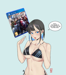 1girls bikini blue_eyes cleavage damodar english_text humanized large_breasts long_hair playstation playstation_4