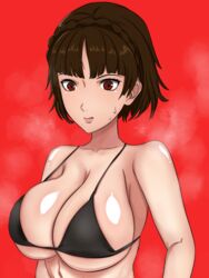 alternate_breast_size alternate_costume atlus big_breasts breasts brown_hair female kazukine makoto_niijima persona persona_5 red_eyes solo swimsuit tagme