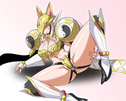 bimbo breasts digimon heigako large_breasts leg_lift mask presenting pussy pussy_lips pussy_peek sakuyamon sakuyamon_x spread_legs tagme thong x_antibody