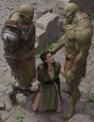 1girls 2boys 2monsters 3d 3d_(artwork) arwen_undomiel celebrity cleavage clothed_female daz3d daz_studio defeated dnd dress dungeons_and_dragons elf fantasy female fully_clothed imminent_rape imminent_sex kneeling larger_male liv_tyler loincloth long_dress male/female orc orc_male pin3d rape size_difference smaller_female