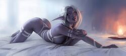 1girls ass ass_up elf fivegarret lexith lingerie lips long_hair medium_breasts night_elf pointy_ears pose purple_skin realistic world_of_warcraft