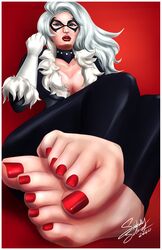 1girls 5_toes barefoot bewitching_feet black_cat_(marvel) catsuit cleavage feet felicia_hardy female female_only foot_fetish foot_focus gloves marvel mask red_lipstick red_nail_polish sinfully-soles solo spider-man_(series) toes white_hair