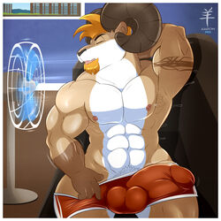 1:1 aaron_(artist) anthro balls_outline blonde_hair border bovid bulge caprine closed_eyes clothed clothing cooling_off curved_horn electric_fan fan genital_outline hair hi_res horn male male_only mammal muscular muscular_anthro muscular_male nipples pecs penis penis_outline rammy_aaron sitting solo solo_male tattoo topless underwear white_border