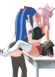 2girls black_tank_top blue_hair chloe_von_einzbern crop_top crossover dark-skinned_female dark_skin fairy_tail fate/kaleid_liner_prisma_illya fate_(series) female female_only hairbun jacket kissing leglock long_hair multiple_girls petite pink_hair shorts sitting_on_table tank_top tattoo thighhighs twintails very_long_hair wendy_marvell yuri