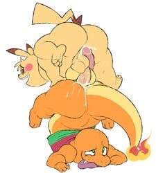 2d anal anal_sex anthro ass ass_to_ass balls big_ass big_butt bodily_fluids charmander clothing cum cum_in_ass cum_inside duo ero_(character) eroborus gay genital_fluids genitals hadou looking_pleasured male male/male mutual_penetration nintendo nude penetration penis pikachu pokémon_(species) pokemon simple_background swirly_eyes tongue_out topwear video_games yaoi