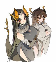 2021 2girls 3_horns azhdaha_(genshin_impact) bare_shoulders big_tail black_gloves black_hair breasts brown_eyes brown_hair china_dress chinese_clothes cleavage cleavage_cutout clothing crossed_arms detached_sleeves dragon_girl dragon_horns dragon_tail dress earrings eyebrows_visible_through_hair female female_only genderswap_(mtf) genshin_impact gloves gradient_hair grey_dress hair_between_eyes highres horns huge_breasts jewelry large_breasts long_hair looking_at_another looking_at_viewer matching_hair/eyes mimlmi multicolored_hair multiple_girls personification red_eyes rule_63 serious simple_background sleeveless sleeveless_dress smaller_female smile standing tail thick_thighs thighs two_tone_hair underboob underboob_cutout very_long_hair white_background zhongli_(genshin_impact) zhongli_jiejie