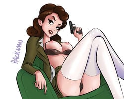 bra_down brown_eyes brown_hair captain_america_(series) curly_hair erect_nipples eyelashes female gun hackman large_breasts legs_crossed lipstick marvel peggy_carter sitting solo thighhighs white_thighhighs