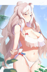 1girls animal_ears animal_tail arknights arm_grab bare_shoulders bear_ears bear_tail big_breasts bikini blue_eyes blush bowtie bra breasts embarrassed female frilled_bikini hands_behind_back heterochromia hips large_breasts long_hair navel panties pov red_eyes rosa_(arknights) shadow shy solo solokitsune standing swimsuit thighs very_long_hair white_bikini white_hair white_swimsuit