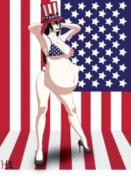 4th_of_july ambiguous_prey american_flag big_belly bikini black_hair black_lipstick high_heels mimic_hat orange_eyes shibekutaato_(artist) soft_vore struggling_prey voka_vorewitch vore witch