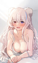 1girls animal_ears arknights bangs bare_shoulders bear_ears big_breasts blue_eyes blue_hair blush bra breasts camisole clavicle cleavage collarbone embarrassed eyebrows_visible_through_hair female gradient gradient_background grey_background hair_between_eyes hands heterochromia high_resolution large_breasts long_hair lying lying_on_stomach multicolored_hair naked nervous nude on_stomach open_mouth own_hands_together purple_eyes red_eyes red_hair rosa_(arknights) silver_hair sleeveless solo solokitsune strap_slip streaked_hair sweat sweatdrop sweating very_long_hair wardrobe_malfunction white_bra white_hair