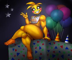 1girls 2021 absurd_res animatronic anthro avian balloon bib biceps bird blush cheerful chicken clothing crossed_legs decoration e4hargus english_text eyelashes female female_focus female_only five_nights_at_freddy's five_nights_at_freddy's_2 galliform gallus_(genus) gesture glowing glowing_eyes happy hat headgear headwear hi_res inflatable leaning light_eyes looking_at_viewer machine metallic_body mostly_nude muscular party_hat phasianid robot robot_girl scottgames sharp_teeth sitting sitting_on_table smile smiling_at_viewer solo star teeth text thick_thighs toy_chica_(fnaf) video_games waving waving_at_viewer