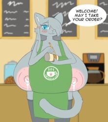 accessory anthro apron big_breasts blue_eyes blush bodily_fluids breasts clothing coffee_cup container cup domestic_cat english_text felid feline felis female fur grey_body grey_fur hair_accessory hi_res huge_breasts hyper hyper_breasts iced_latte_with_breast_milk lactating legwear looking_at_viewer mammal meme nipples one_eye_obstructed pencil_(object) solo speech_bubble stockings text wafflecat