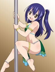 1girls alternate_costume ankle_bracelets anklet arabian_clothes barefoot belly_dancer belly_dancer_outfit blue_hair brown_eyes dancer_outfit dmayaichi fairy_tail feet flat_chest harem_girl harem_outfit herchi jewelry loincloth long_hair looking_at_viewer midriff petite pole pole_dancer pole_dancing side_ponytail solo solo_female stripper_pole toes wendy_marvell