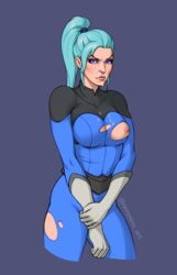 1girls angry blue_hair bodysuit clothed cum cum_on_face dota_2 gloves luna_(dota) one_breast_out one_nipple_out rerorero solo_female torn_clothes