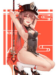 1girls absurd_res armpits arms_up blush breasts brown_hair china_dress chinese_clothes cleavage fang female female_focus female_only full_body genshin_impact hi_res high_heels hu_tao_(genshin_impact) legs looking_at_viewer polearm red_eyes shen_fan sideboob skindentation small_breasts smile socks solo solo_female spear squatting staff_of_homa thighs twintails weapon