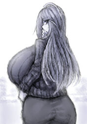 2b213 big_breasts hyper_breasts large_ass looking_at_viewer looking_back mei's_mother_(2b213) smile sweater tagme