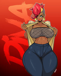 absurd_res areolae athletic athletic_female bare_midriff big_breasts breasts busty dark-skinned_female dark_skin diva_(streets_of_rage) earrings erect_nipples female female_focus female_only high_waisted_pants hourglass_figure lipstick makeup navel nipples numbnutus pants red_hair sega short_hair solo standing streets_of_rage streets_of_rage_4 tagme thick_thighs wide_hips