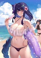 2girls bare_shoulders beach bikini blush braid breasts covering_mouth female female_only genshin_impact heart-shaped_pupils kujou_sara large_breasts milf mole mole_under_eye popsicle raiden_shogun raijuu_(bakanara) yuri