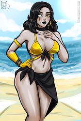 beach bikini black_hair black_lipstick bra breasts curvy earrings female fortnite fortnite:_battle_royale gold_eyes golden_hand jewelry marigold_(fortnite) sarong skirt smile thick thighs tyrana