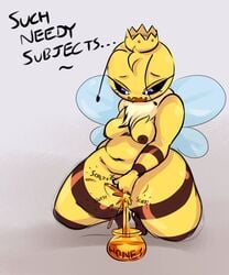 anthro arthropod bee behniis bodily_fluids breasts crown crown_only female genital_fluids hi_res honey_pot hymenopteran insects masturbation non-mammal_breasts pussy_juice quinn_(behniis) simple_background solo sound_effects unusual_bodily_fluids unusual_genital_fluids unusual_pussy_juice vaginal_masturbation vaginal_penetration