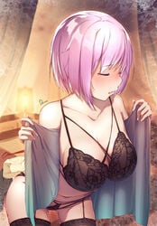 1girls 2021 ass_visible_through_thighs bare_shoulders black_bra black_legwear black_panties blush bra breasts cleavage closed_eyes collarbone cowboy_shot dermar eyebrows_visible_through_hair fate/grand_order fate_(series) female female_focus female_only highres indoors lace-trimmed_bra lace-trimmed_legwear lace-trimmed_panties lace_trim large_breasts lingerie mash_kyrielight panties pink_hair short_hair signature solo solo_female solo_focus thighhighs underwear underwear_only